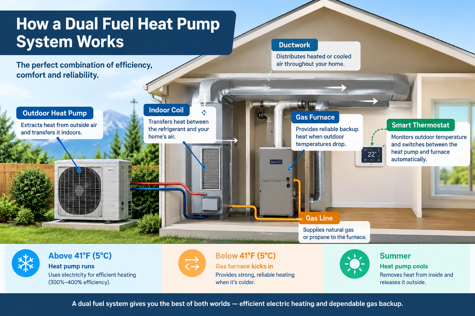 Diagram showing how a dual fuel heat pump and gas furnace work together to provide efficient home heating and cooling.