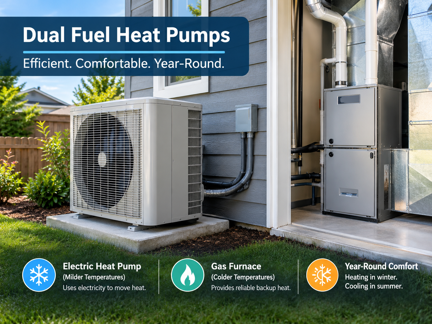 Dual fuel heat pump system for residential heating and cooling